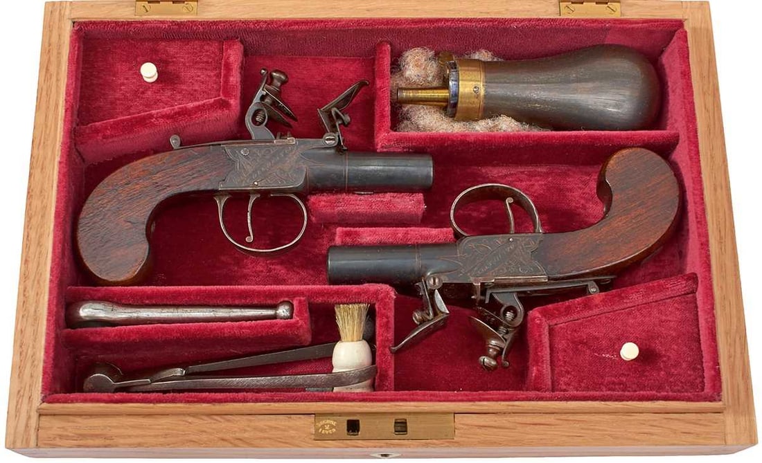 A LATER CASED PAIR OF 54-BORE FLINTLOCK BOXLOCK POCKET PISTOLS BY HOWE OF COLCHESTER, (1 of 15)
