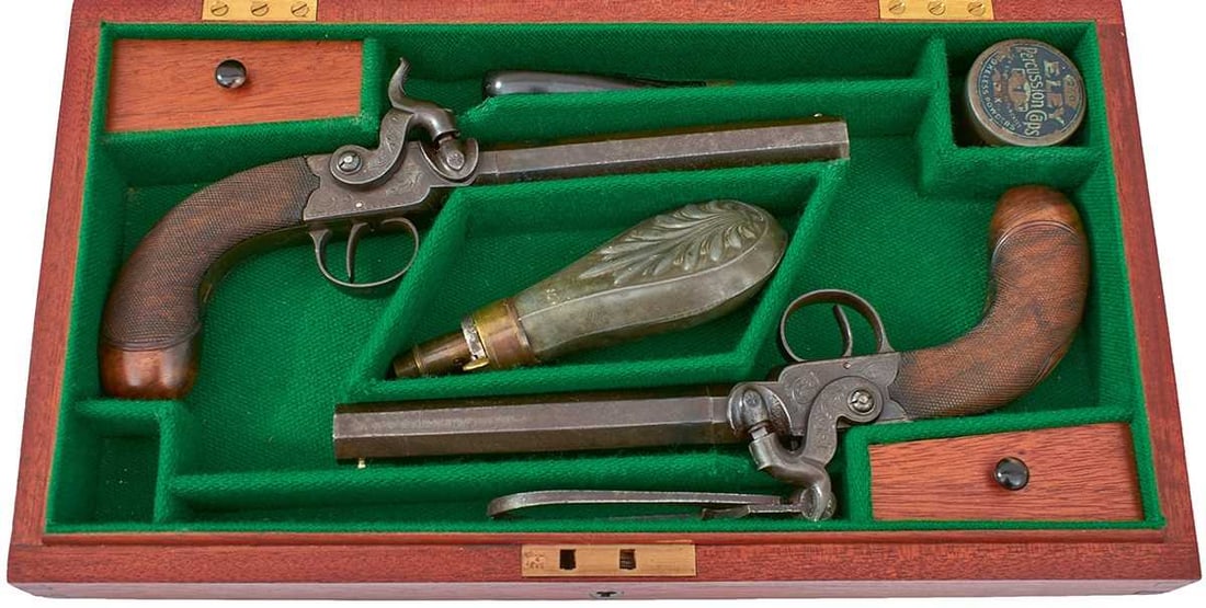 A LATER CASED PAIR OF 50-BORE PERCUSSION BOXLOCK TRAVELLING PISTOLS BY HOLLIS BROTHERS, (1 of 20)