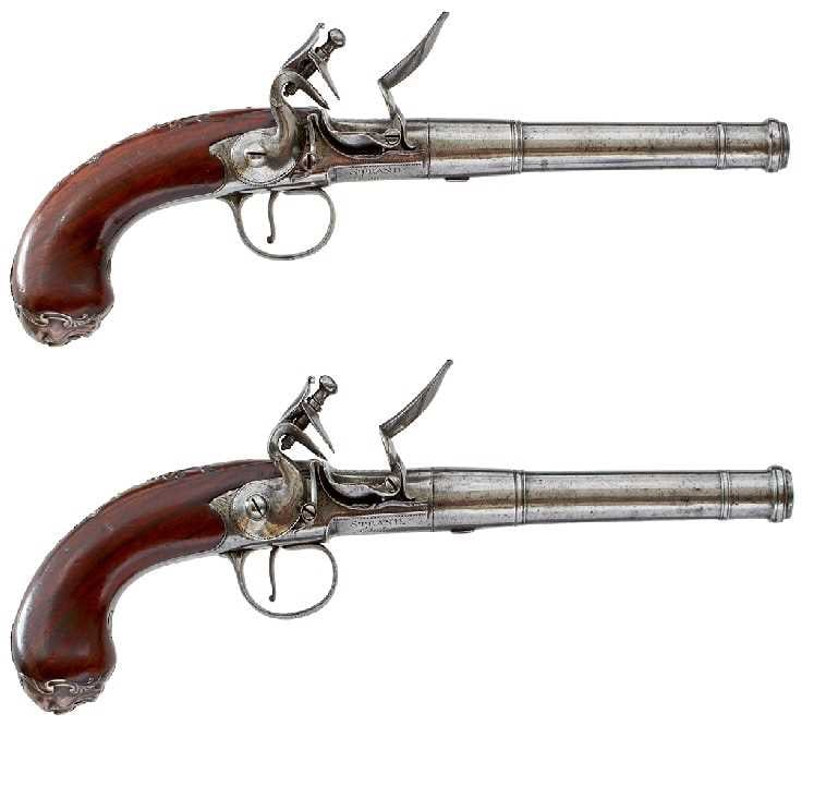 A PAIR OF 20-BORE SILVER MOUNTED FLINTLOCK QUEEN ANNE PISTOLS BY RICHARDS OF LONDON, (1 of 20)
