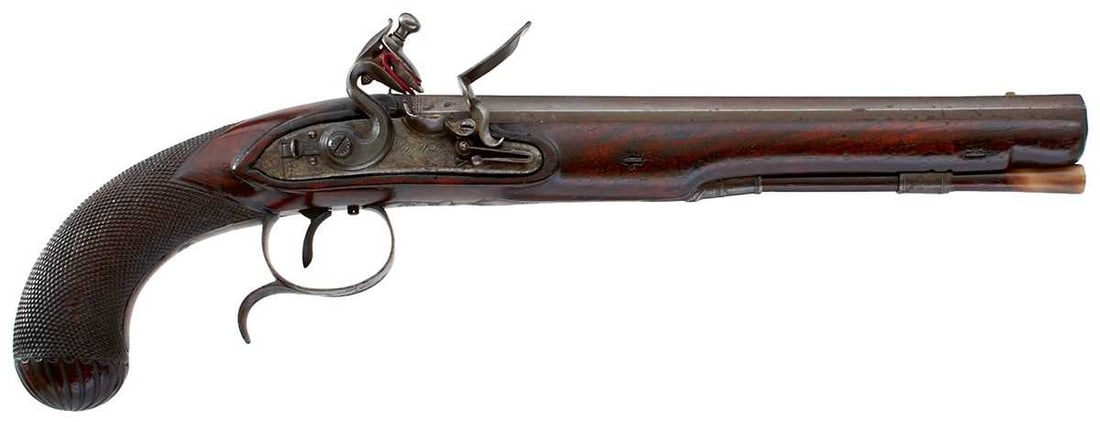 A 28-BORE FLINTLOCK DUELLING PISTOL BY H.W. MORTIMER, (1 of 19)