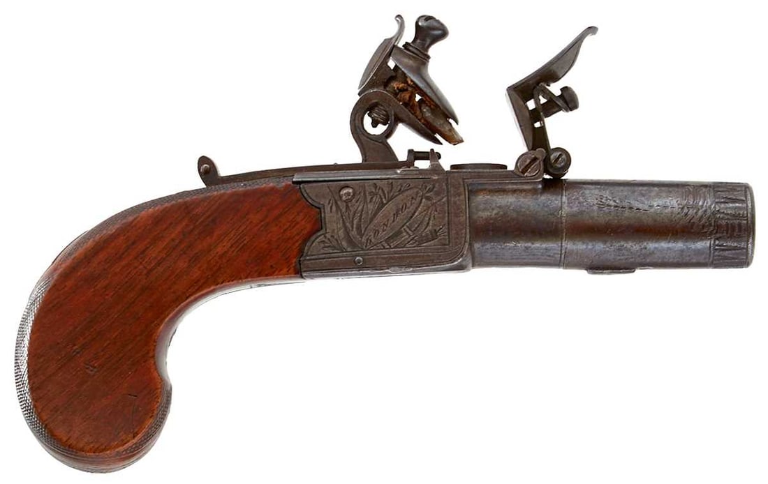 A 50-BORE FLINTLOCK BOXLOCK POCKET PISTOL BY WILLIAM PARKER,: A 50-BORE FLINTLOCK BOXLOCK POCKET PISTOL BY WILLIAM PARKER, 1.5inch turn-off barrel with scallop engraved muzzle, border engraved action decorated with stands of arms and signed W. PARKER LONDON, sli
