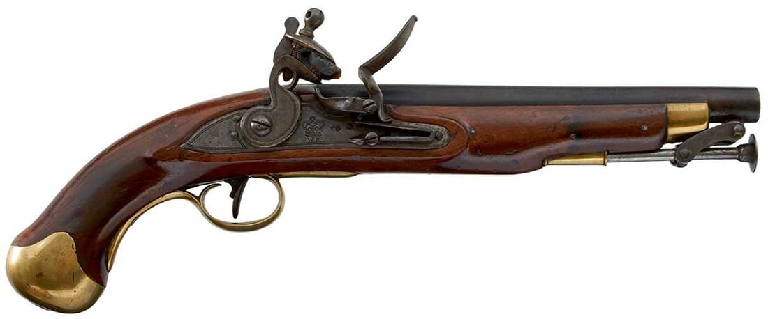 A .577 CALIBRE WIVR FLINTLOCK SEA SERVICE PISTOL,: A .577 CALIBRE WIVR FLINTLOCK SEA SERVICE PISTOL, 9inch blacked barrel, border engraved lock stamped with a crown over WR and with inspector's stamp beneath the pan, full stocked with ordnance stamps,
