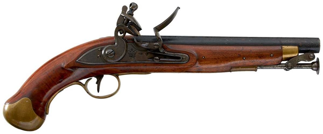 A .577 CALIBRE WIVR FLINTLOCK SEA SERVICE PISTOL,: A .577 CALIBRE WIVR FLINTLOCK SEA SERVICE PISTOL, 9inch blacked barrel, border engraved lock stamped with a crown over WR and with inspector's stamp beneath the pan, full stocked with ordnance stamps,