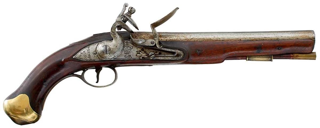 A RARE .690 CALIBRE PATTERN 1759 OR ELIOTT FLINTLOCK LIGHT DRAGOON PISTOL, (1 of 15)
