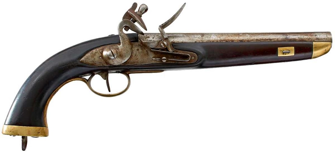 A .650 CALIBRE DUTCH FLINTLOCK SEA SERVICE PISTOL,: A .650 CALIBRE DUTCH FLINTLOCK SEA SERVICE PISTOL, 9inch barrel engraved ADMIRAAL PIET HEIN, plain bevelled lock, full stocked with regulation brass mounts, the butt with lanyard ring, belt hook mount