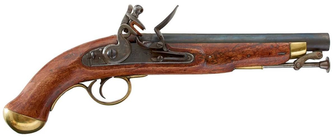 A .650 CALIBRE FLINTLOCK WIVR NEW LAND PATTERN SERVICE PISTOL,: A .650 CALIBRE FLINTLOCK WIVR NEW LAND PATTERN SERVICE PISTOL, 9inch barrel, border engraved stepped and bolted lock stamped with a crown over WR and with an Inspector's stamp beneath the pan, full st