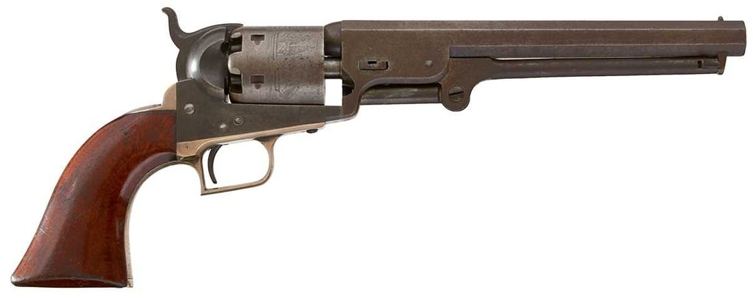 A SCARCE .36 CALIBRE SIX-SHOT PERCUSSION SQUARE BACK COLT NAVY REVOLVER, (1 of 17)