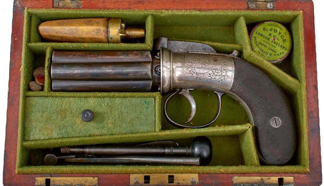 A GOOD CASED 58-BORE SIX-SHOT PERCUSSION PEPPERBOX REVOLVER BY DOOLEY, (1 of 19)