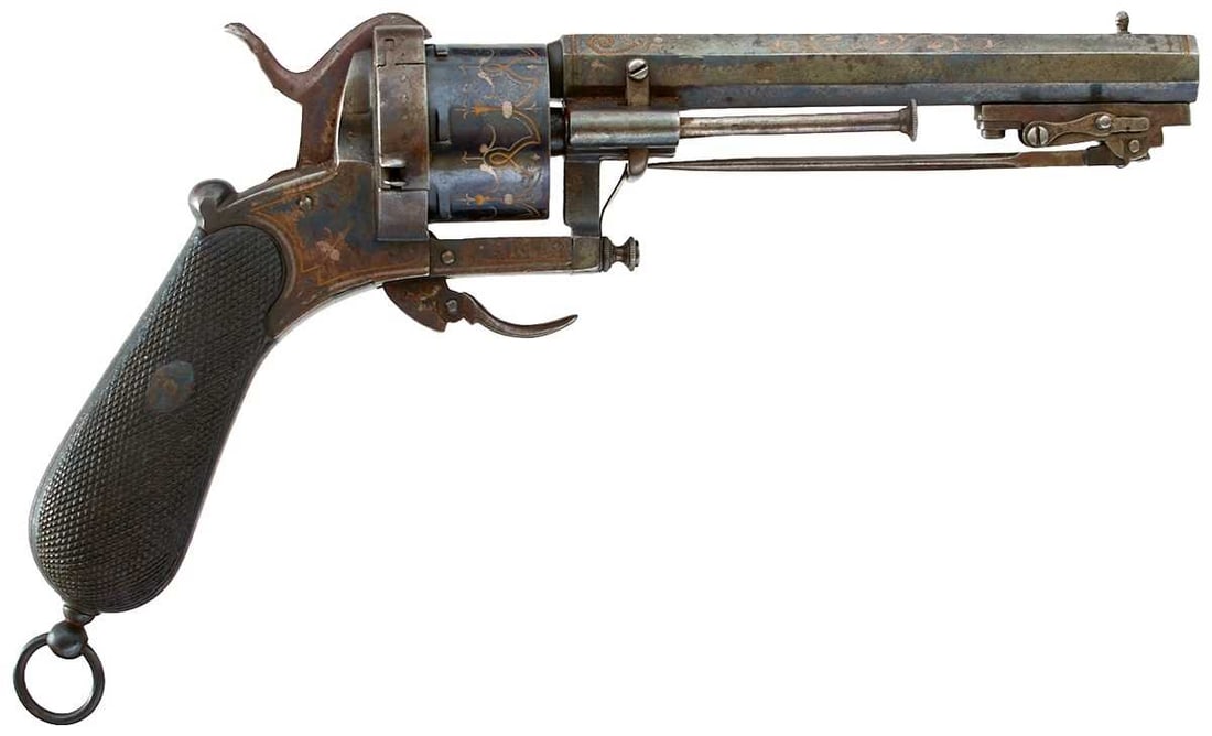A GOOD 12MM SIX-SHOT PINFIRE BAYONET REVOLVER LEFAUCHEUX MODEL 1858 TYPE REVOLVER,: A GOOD 12MM SIX-SHOT PINFIRE BAYONET REVOLVER LEFAUCHEUX MODEL 1858 TYPE REVOLVER, 6inch sighted octagonal barrel, inlaid in yellow and white metals with scrolling foliage, a bird and Constuydo en Eib
