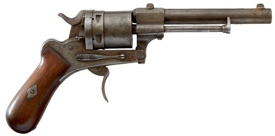 A .32 RIMFIRE SIX-SHOT REVOLVER BY AUGUSTE FRANCOTTE,: A .32 RIMFIRE SIX-SHOT REVOLVER BY AUGUSTE FRANCOTTE, 4.5inch round sighted barrel, marked at the breech A. FRANCOTTE / LIEGE, with side mounted ejector rod, border engraved cylinder with raised reinf