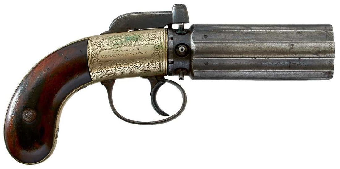 A LARGE 60-BORE SIX-SHOT PERCUSSION PEPPERBOX REVOLVER,: A LARGE 60-BORE SIX-SHOT PERCUSSION PEPPERBOX REVOLVER, 4inch fluted barrels, border and scroll engraved rounded white metal action, engraved IMPROVED REVOLVING PISTOL, bar hammer, border and scroll e