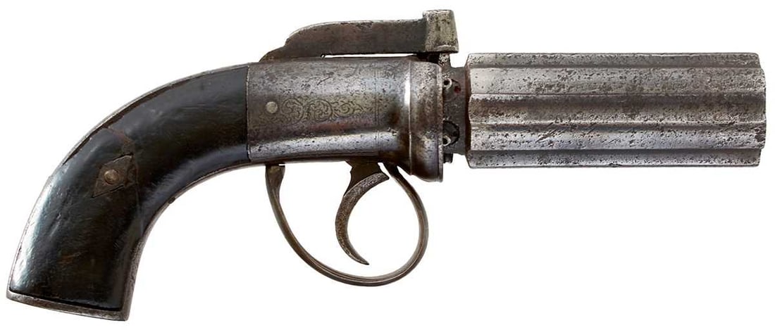 A 125-BORE SIX-SHOT PERCUSSION PEPPERBOX REVOLVER,: A 125-BORE SIX-SHOT PERCUSSION PEPPERBOX REVOLVER, 3.25inch fluted barrels, border and scroll engraved rounded action and hammer, two-piece wooden grips.