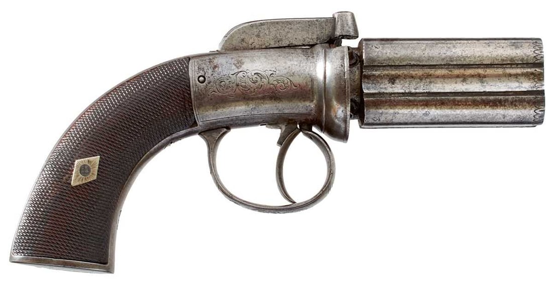 AN 80-BORE FOUR-SHOT PERCUSSION PEPPERBOX REVOLVER, (1 of 14)