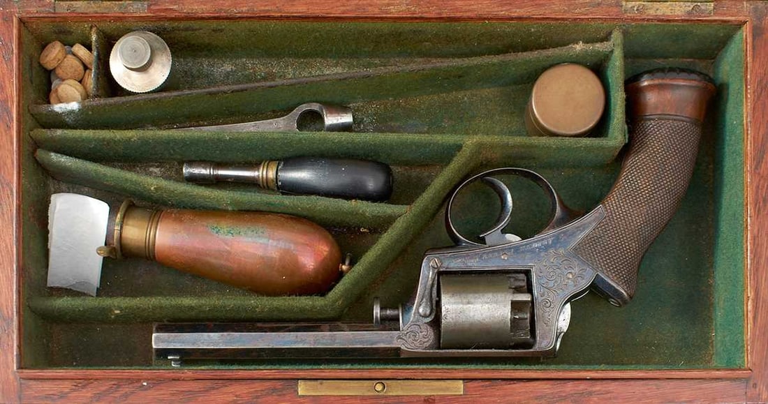 A CASED 80-BORE FIVE-SHOT PERCUSSION DEANE, ADAMS & DEANE REVOLVER, (1 of 16)