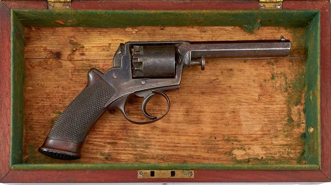 AN 80-BORE FIVE-SHOT PERCUSSION ADAMS REVOLVER BY THOMAS BAKER, (1 of 18)