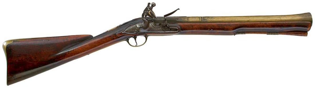 AN EARLY 18TH CENTURY FLINTLOCK DOG LOCK BRASS BARRELLED BLUNDERBUSS BY JOHN SMITH, (1 of 20)