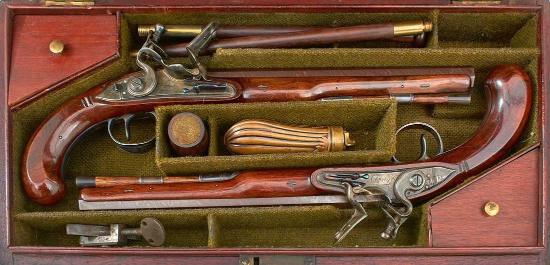 A CASED PAIR OF 28-BORE FLINTLOCK DUELLING PISTOLS BY TWIGG OF LONDON, (1 of 20)