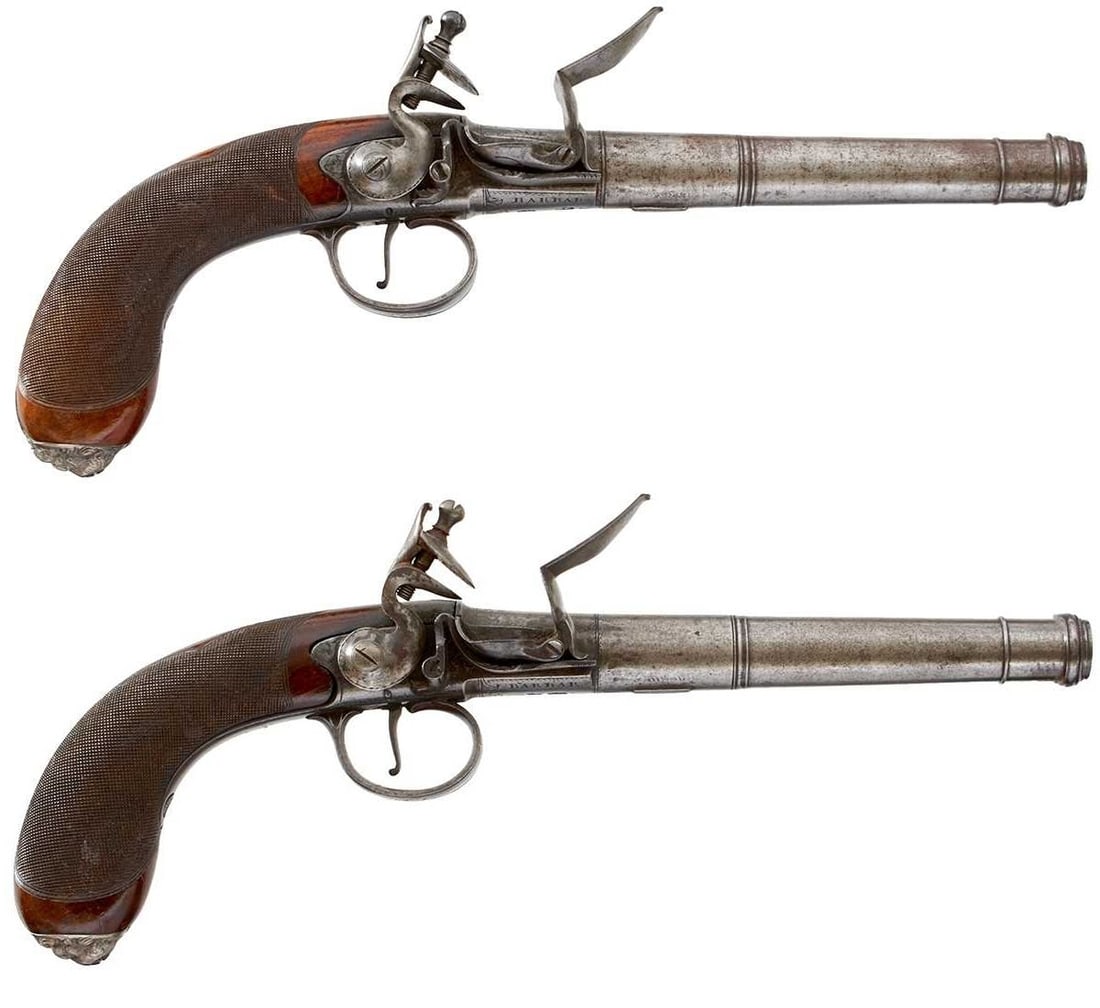 A PAIR OF 22-BORE FLINTLOCK QUEEN ANNE HOLSTER OR COACHING PISTOLS BY BARBAR, (1 of 20)