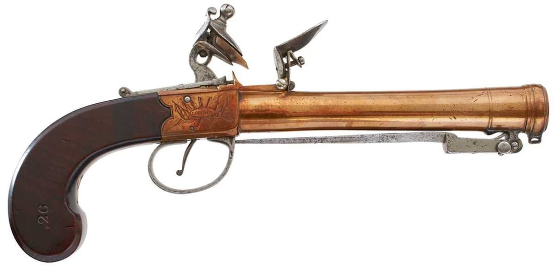 A SCARCE 8-BORE FLINTLOCK BAYONET BLUNDERBUSS PISTOL BY BUNNEY, (1 of 15)