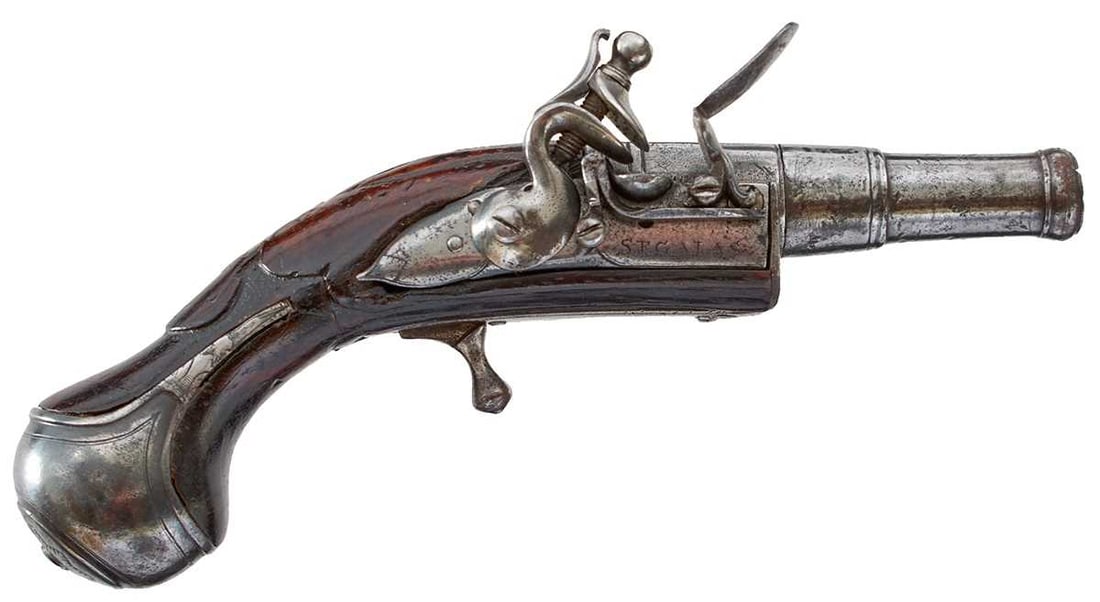 A RARE EARLY 50-BORE FLINTLOCK QUEEN ANNE PISTOL BY SEGALAS CIRCA 1702, (1 of 14)