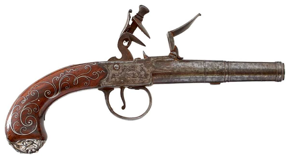 A 54-BORE FLINTLOCK BOXLOCK POCKET PISTOL BY PALMER OF LONDON,: A 54-BORE FLINTLOCK BOXLOCK POCKET PISTOL BY PALMER OF LONDON, 2.3inch three-stage turn-off cannon barrel, border and scroll engraved signed action, foliate engraved trigger guard, flared wooden butt 