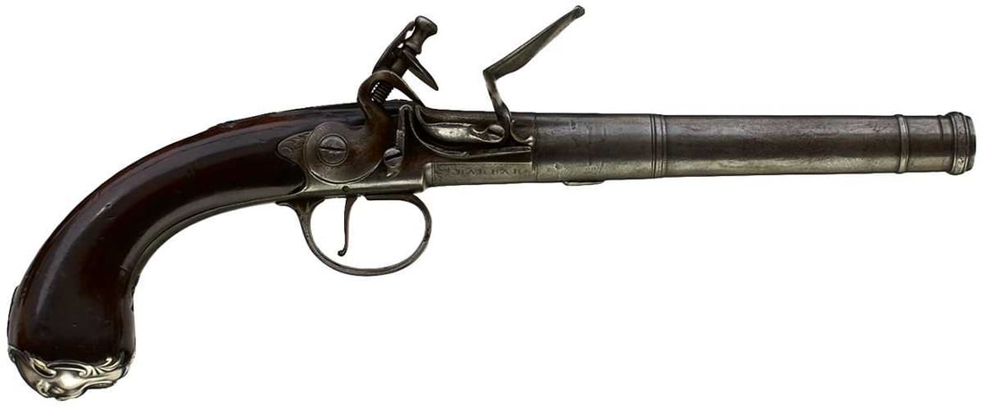 A 22-BORE QUEEN ANNE FLINTLOCK HOLSTER PISTOL BY BARBAR, (1 of 9)