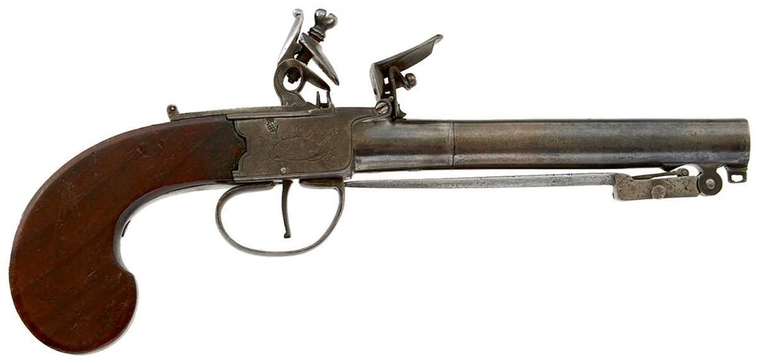 A 56-BORE FLINTLOCK BOXLOCK BAYONET TRAVELLING PISTOL, (1 of 15)