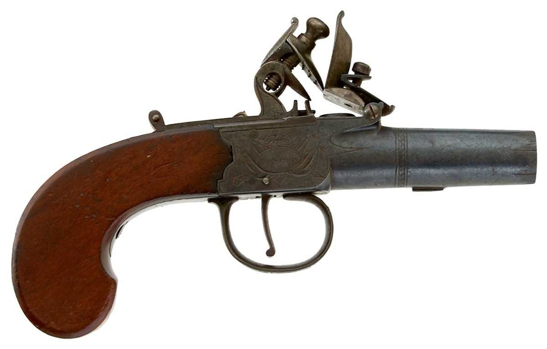 A 50-BORE FLINTLOCK BOXLOCK RIFLED POCKET PISTOL,: A 50-BORE FLINTLOCK BOXLOCK RIFLED POCKET PISTOL, 1.75inch barrel scallop engraved at the muzzle and breech, border engraved action signed Dutton London and decorated with stands of arms, sliding safe