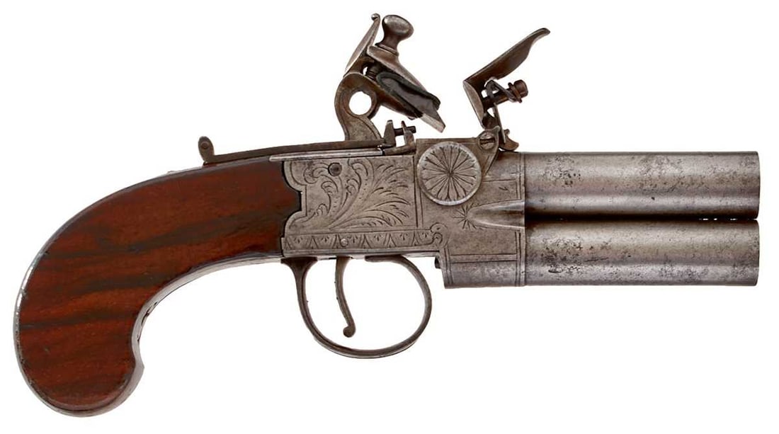 A 54-BORE FLINTLOCK BOXLOCK TAP ACTION POCKET PISTOL, (1 of 9)