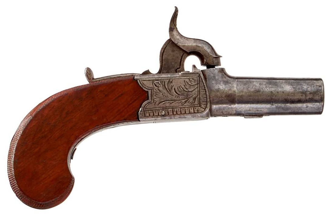 A 50-BORE PERCUSSION BOXLOCK POCKET PISTOL BY HARWOOD OF STOKESLEY, (1 of 8)