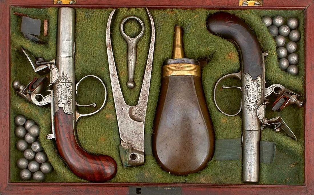 A SCARCE CASED PAIR OF 77-BORE FLINTLOCK MUFF PISTOLS BY W. BOND, (1 of 20)
