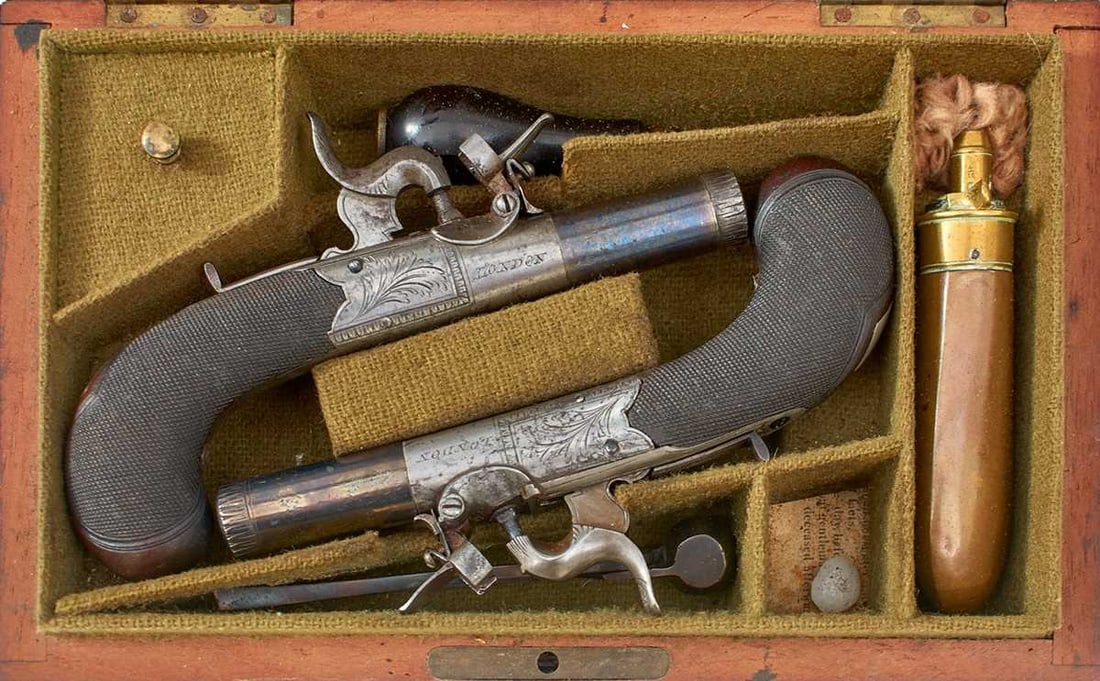 A CASED PAIR OF PERCUSSION POCKET PISTOLS BY NOCK FOR TOP HAT CAPS,: A CASED PAIR OF PERCUSSION POCKET PISTOLS BY NOCK FOR TOP HAT CAPS, 1.6inch turn-off barrels, scallop engraved at the muzzles, border and scroll engraved rounded actions engraved NOCK LONDON to either