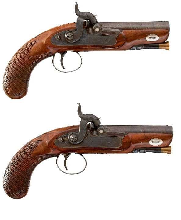 A CRISP PAIR OF PERCUSSION TRAVELLING PISTOLS BY CLOUGH & SONS OF BATH, (1 of 20)