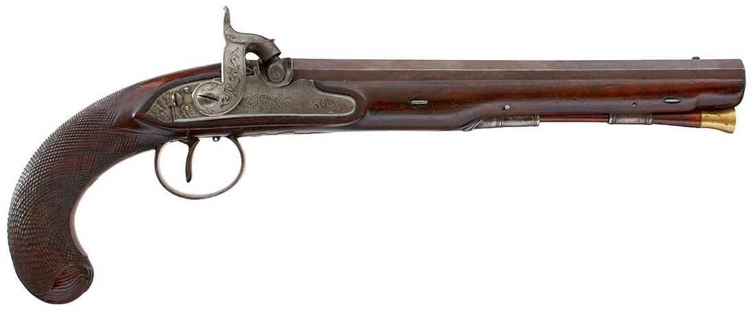 A 25-BORE PERCUSSION DUELLING PISTOL BY MORTIMER, (1 of 16)