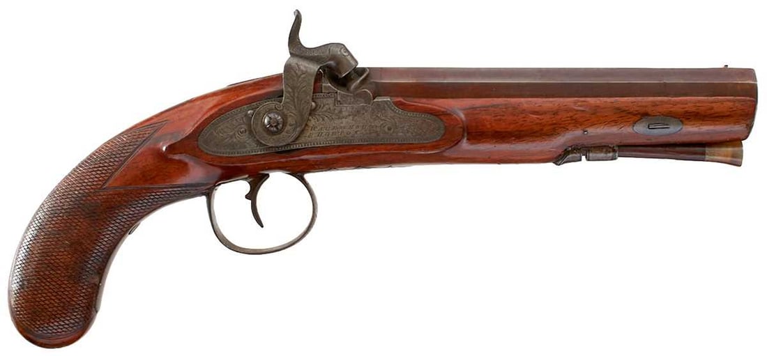 A 32-BORE PERCUSSION TRAVELLING PISTOL BY WATERHOUSE & HORTON,: A 32-BORE PERCUSSION TRAVELLING PISTOL BY WATERHOUSE & HORTON, 6.75inch sighted octagonal browned Damascus barrel, the tang and breech decorated with foliate scroll engraving, border and scroll engrav