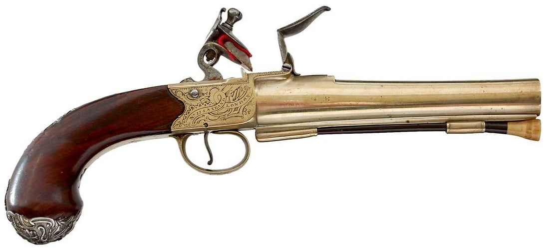 A RARE LARGE 14-BORE FLINTLOCK PAKTONG SILVER MOUNTED OFFICER'S PISTOL, (1 of 18)