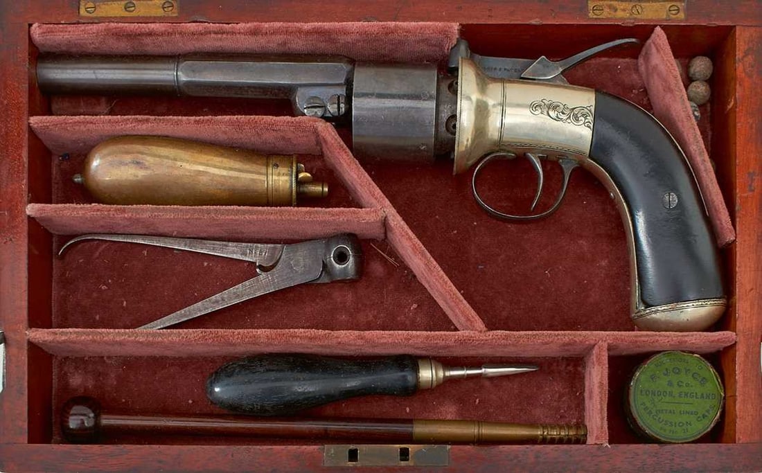 A SCARCE 54-BORE SIX-SHOT PERCUSSION BAKER'S PATENT LONG-SPUR TRANSITIONAL REVOLVER, (1 of 20)
