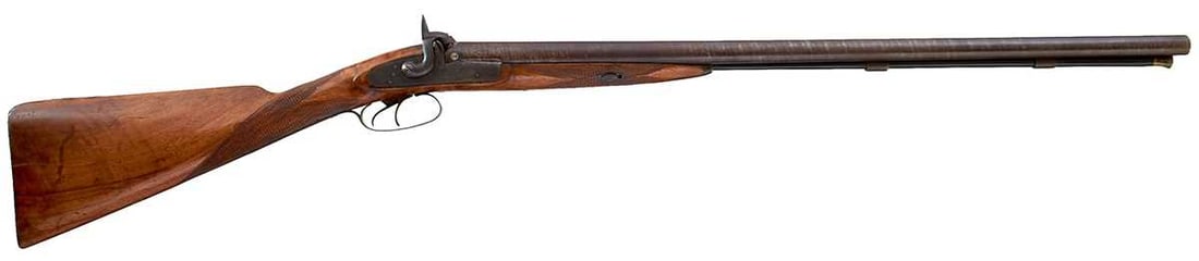 A 13-BORE DOUBLE BARRELLED PERCUSSION SPORTING GUN, (1 of 11)