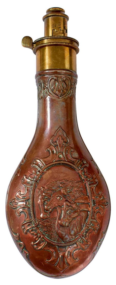 A PHARAOH'S HORSES EMBOSSED POWDER FLASK, (1 of 12)