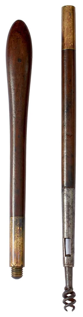 A SCARCE LATE 18TH CENTURY DUELLING PISTOL CLEANING ROD,: A SCARCE LATE 18TH CENTURY DUELLING PISTOL CLEANING ROD, the two-piece wooden body with spatulate top, brass collars and iron worm. Of the type typically used by Twigg, Jover, Nock and Egg.
