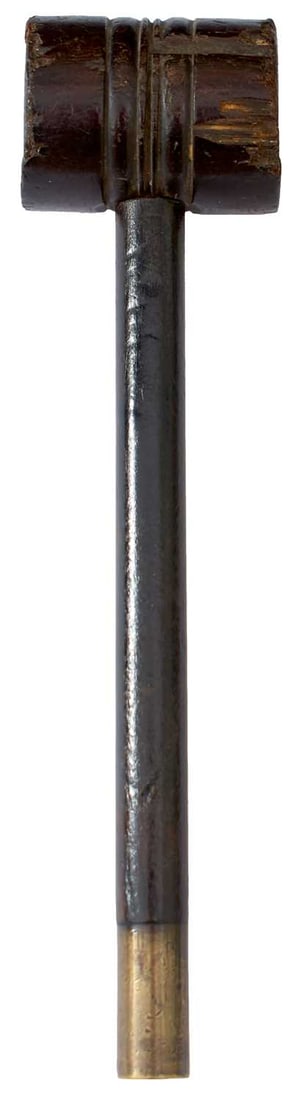 A LATE 18TH OR EARLY 19TH CENTURY BULLET STARTING MALLET,: A LATE 18TH OR EARLY 19TH CENTURY BULLET STARTING MALLET, turned wooden head with leather faces, brass tip, together with a duelling or target pistol cleaning rod of slender form with spatulate top
