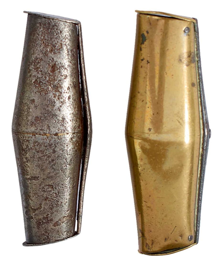 TWO 18TH CENTURY SHOT CHARGERS,: TWO 18TH CENTURY SHOT CHARGERS, of barrel form, sprung tops, one of brass the other steel, together with two leather shot flasks. (4)