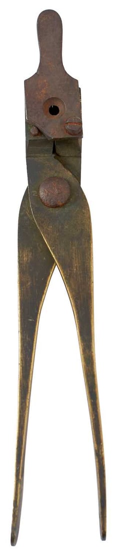 A .500 CALIBRE BULLET MOULD,: A .500 CALIBRE BULLET MOULD, the plain brass body with steel sprue cutter, together with another ball mould stamped 12 and with string bound arms. (2)