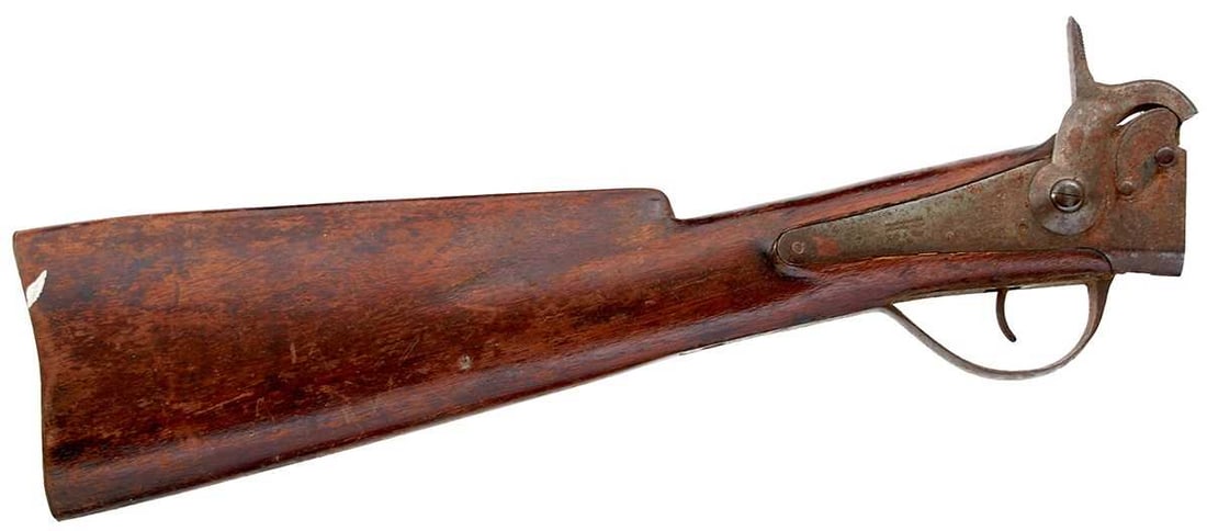 A MAYNARD TAPE PRIMING LOCK AND STOCK,: A MAYNARD TAPE PRIMING LOCK AND STOCK, the lock stamped with a crown over VR and patent details, retains stock, brass butt plate and trigger guard.