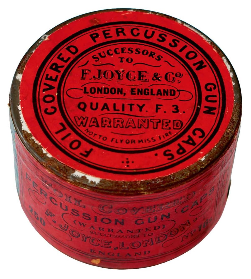 AN UNOPENED TIN OF 250 F3 NO. 16 PERCUSSION CAPS,: AN UNOPENED TIN OF 250 F3 NO. 16 PERCUSSION CAPS, marble paper wrapped tin body with red trade labels to the top and front for F. JOYCE of LONDON.