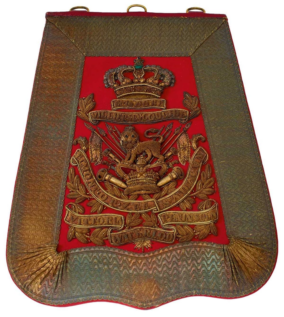 A SCARCE LARGE SIZED 15TH HUSSARS SABRETACHE AND POUCH,: A SCARCE LARGE SIZED 15TH HUSSARS SABRETACHE AND POUCH, the scarlet cloth backed body with broad bullion ribbon trim, central crowned scroll banner battle honours interspersed with laurel sprays, cent