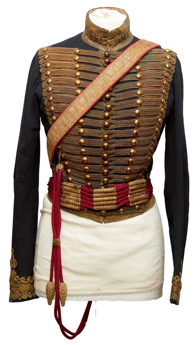 A WIVR 7TH HUSSARS OFFICER'S DOLMAN WITH REGIMENTAL CROSS BELT AND BARREL SASH, (1 of 20)
