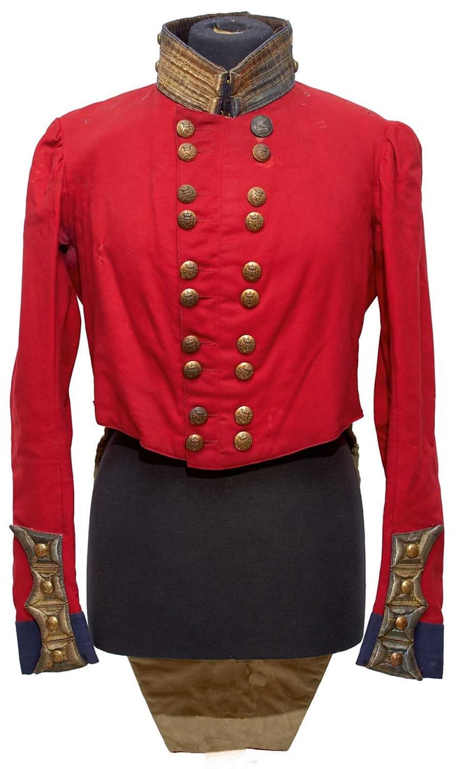 A CRIMEAN WAR PERIOD 56TH (WEST ESSEX) REGIMENT OF FOOT OFFICER'S COATEE ENSEMBLE,: A CRIMEAN WAR PERIOD 56TH (WEST ESSEX) REGIMENT OF FOOT OFFICER'S COATEE ENSEMBLE, comprising scarlet cloth tunic with bullion trimmed blue cloth collar and cuffs, full complement of regimental button