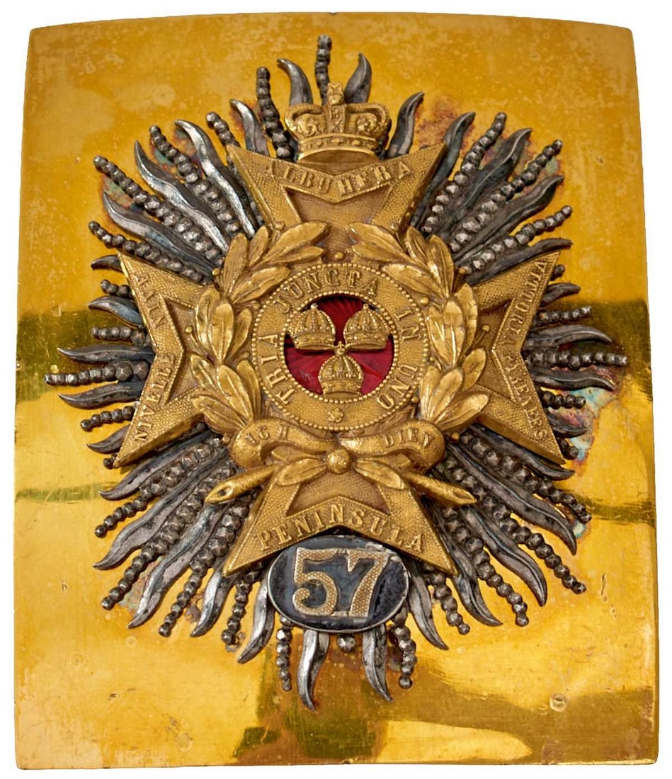 A 57TH REGIMENT OF FOOT (WEST MIDDLESEX) OFFICER'S SHOULDER BELT PLATE,: A 57TH REGIMENT OF FOOT (WEST MIDDLESEX) OFFICER'S SHOULDER BELT PLATE, the gilt plate applied with white metal starburst overlaid with gilt crowned Maltese cross incorporating the battle honours ALBU