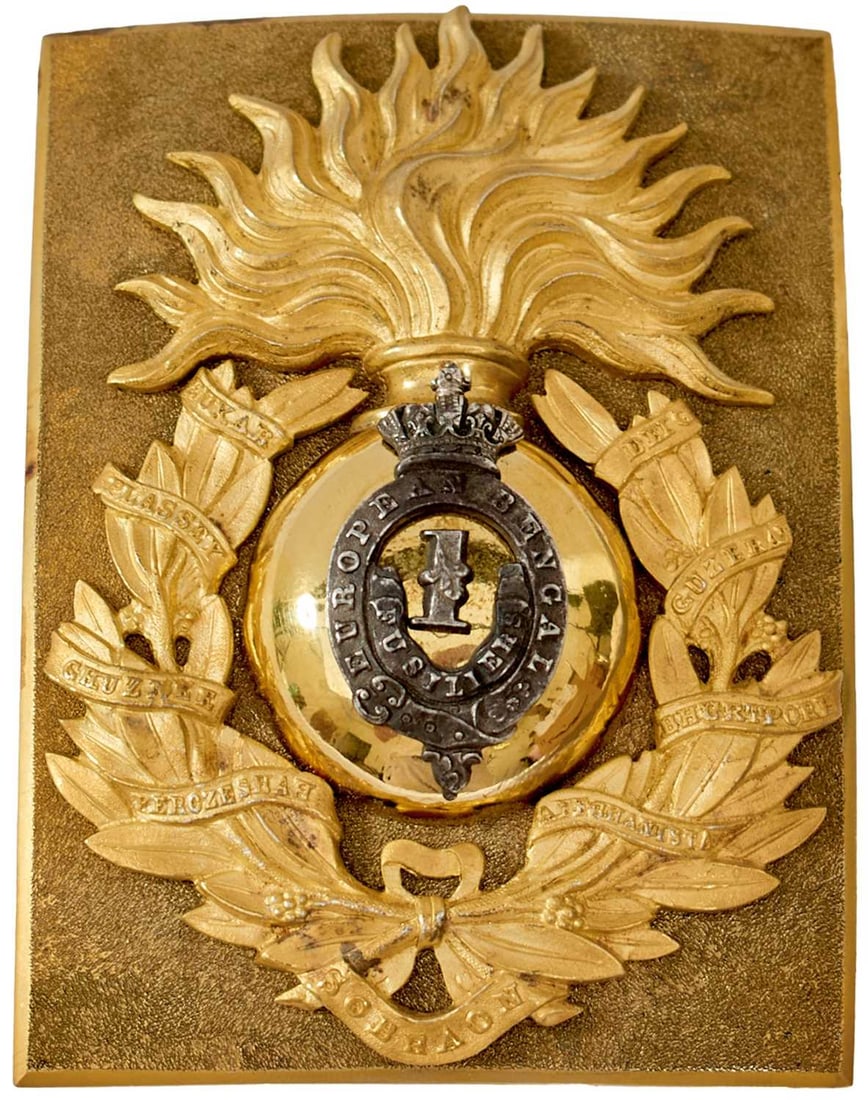 OF INDIAN ARMY AND EAST INDIA COMPANY INTEREST: A 1ST (EUROPEAN BENGAL) FUSILIERS OFFICER'S SHOULDER: OF INDIAN ARMY AND EAST INDIA COMPANY INTEREST: A 1ST (EUROPEAN BENGAL) FUSILIERS OFFICER'S SHOULDER BELT PLATE, rectangular stippled gilt plate with burnished border applied with a gilt flaming grena